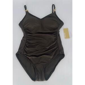 NWT! Michael Kors Michael Brown Solid Shirred One Piece Swimsuit Size‎ 10